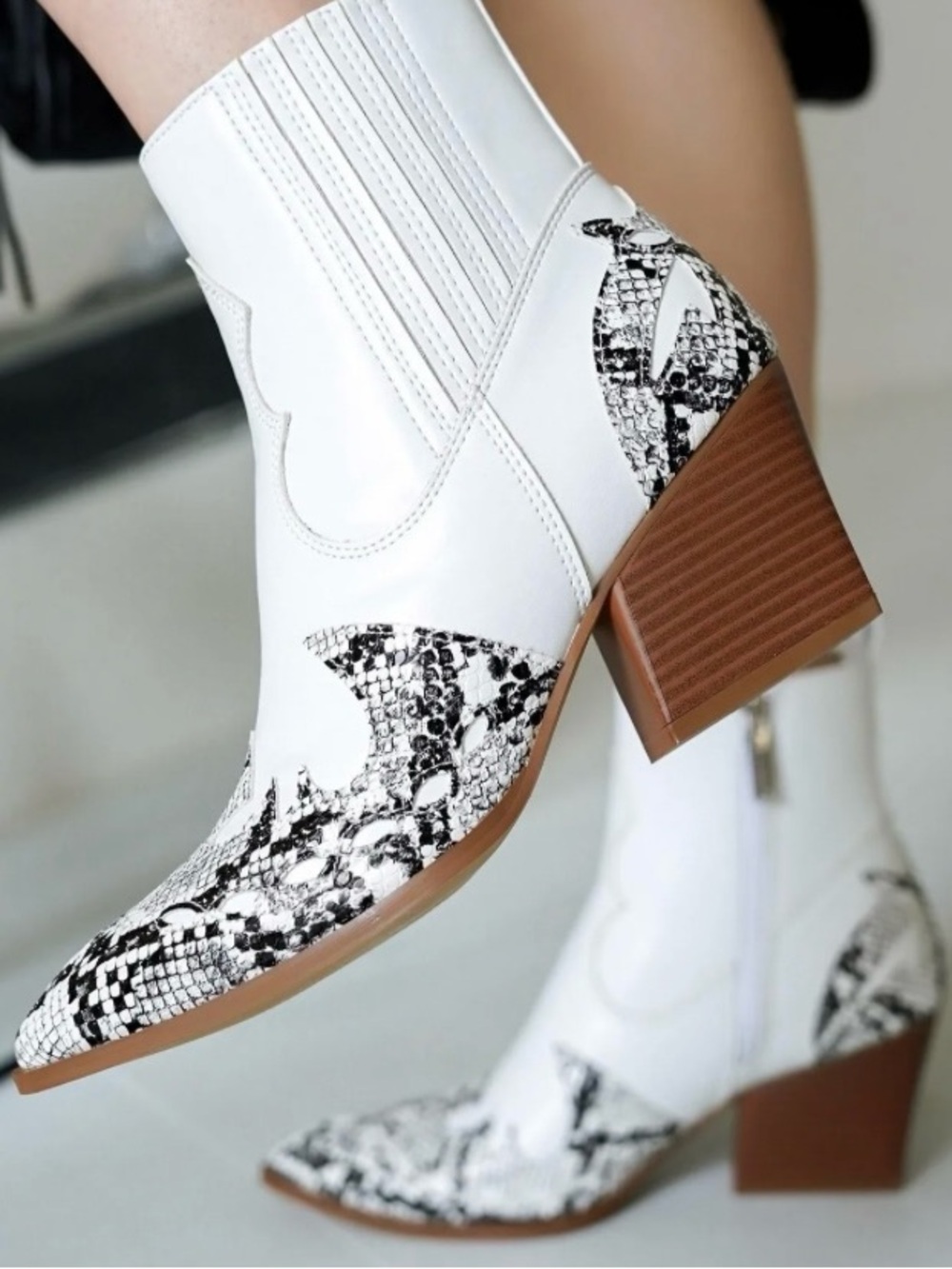Cape Robbin White Ankle Boots with Black Snake-Print Accents